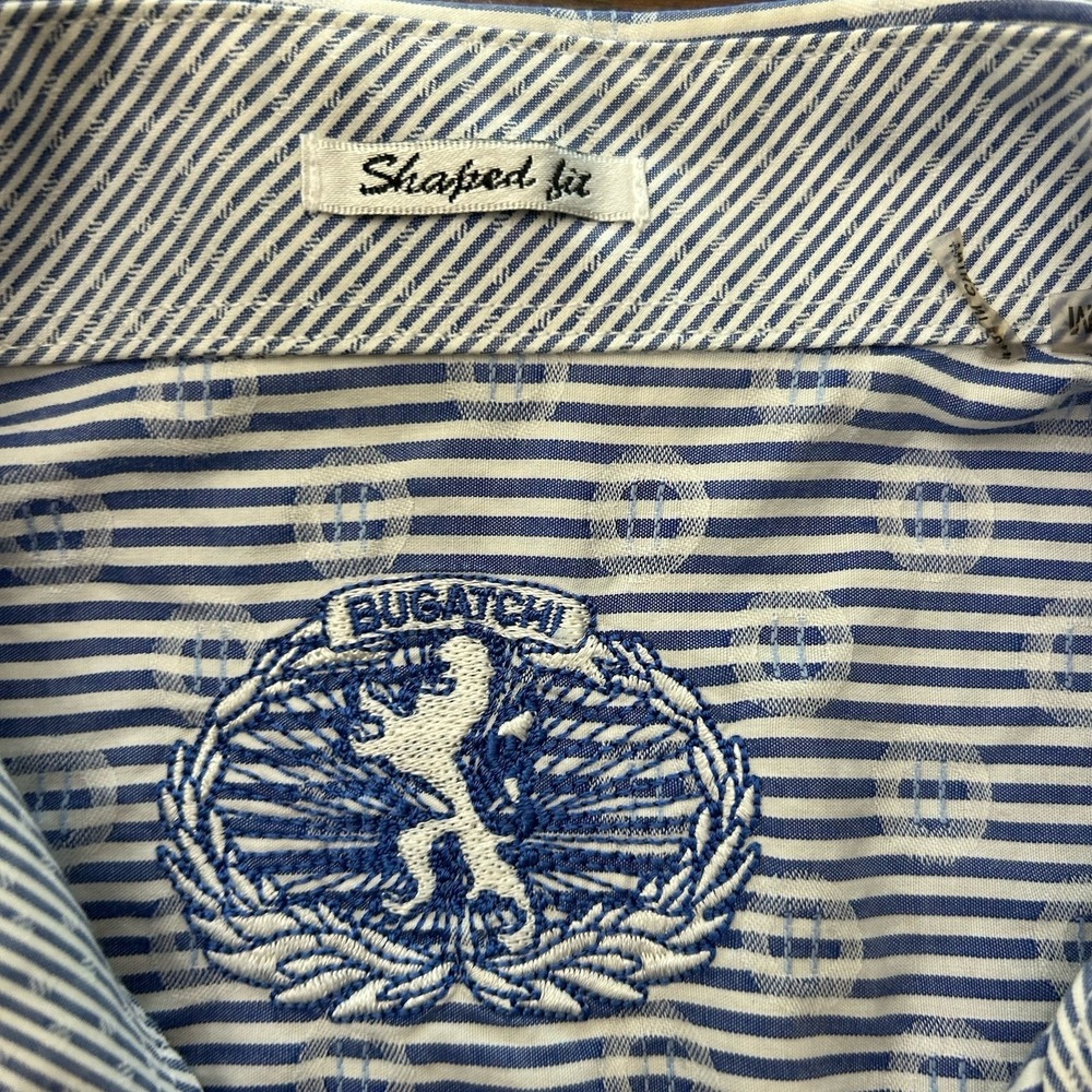 Bugatchi‎ Shaped Fit Blue White Stripe Medallion Print Dress Shirt Men's Medium - Picture 11 of 16
